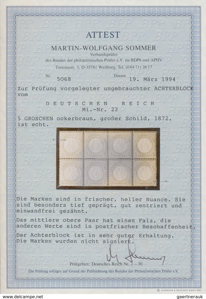 Deutsches Reich - Brustschild: 1874, Großer Schild 5 Gr. Hellockerbraun Achterblock Dabei Sechs Mark - Ungebraucht