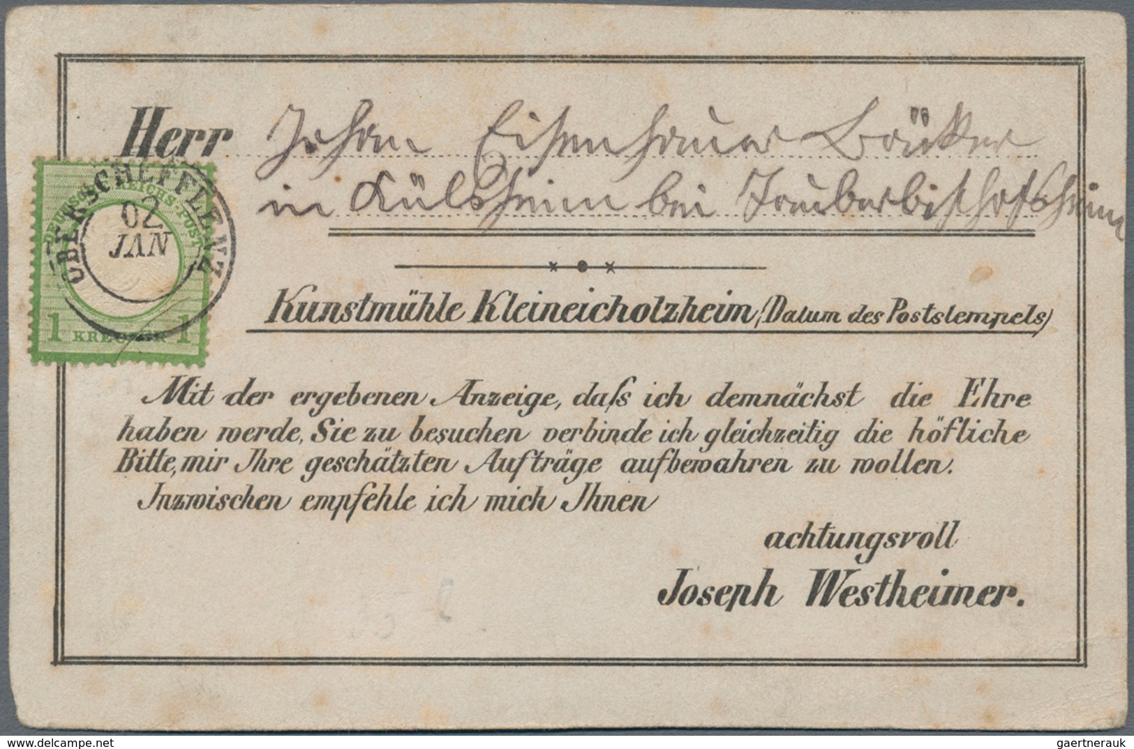 Deutsches Reich - Brustschild: 1872, Großer Schild 1 Kr. Grün Mit K2 "OBERSCHLEFFLENZ 02 JAN" Auf VO - Ongebruikt