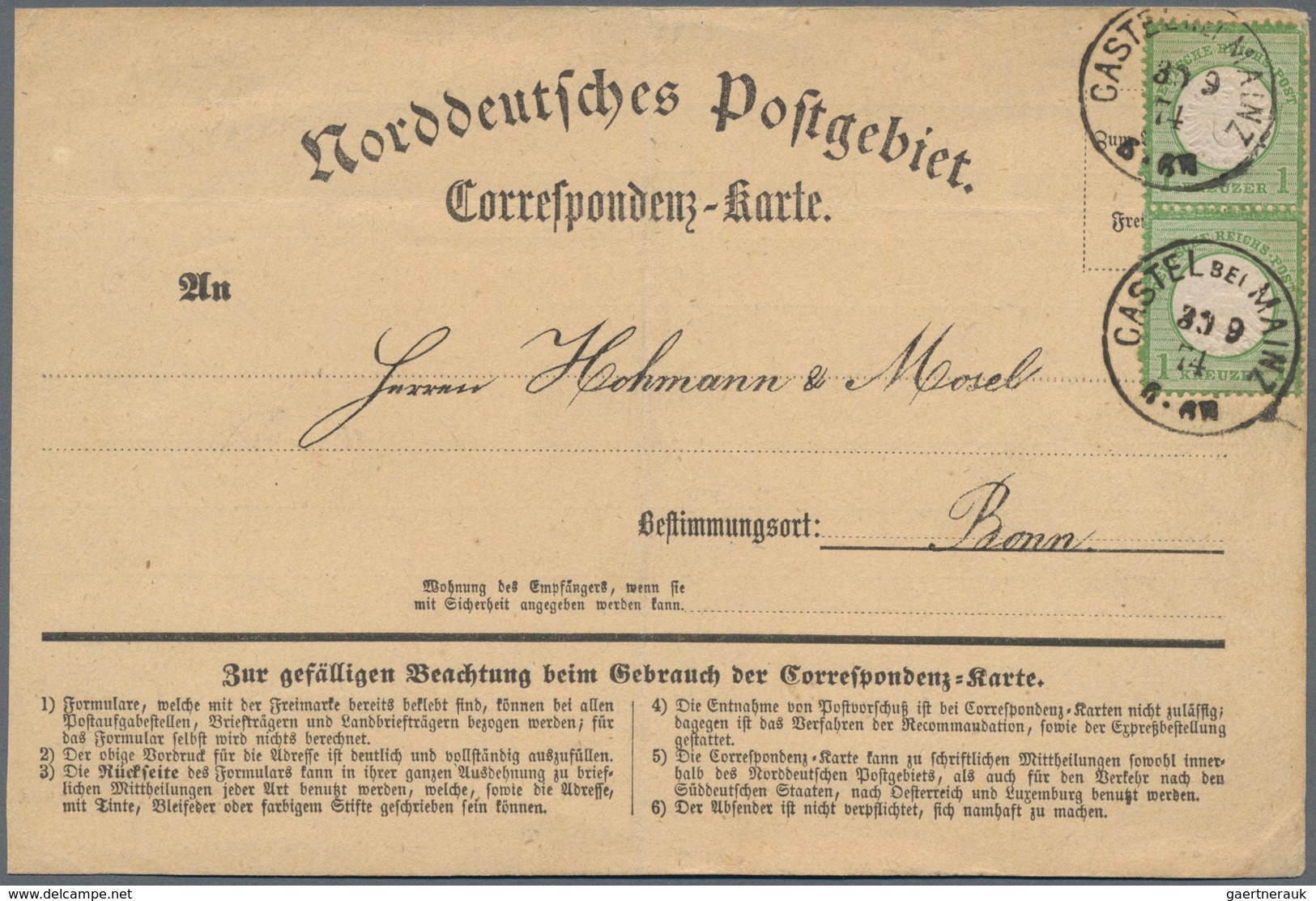 Deutsches Reich - Brustschild: 1872, Großer Schild 1 Kr. Seltene B-Farbe Dunkelgrün Paar Auf Karte M - Unused Stamps