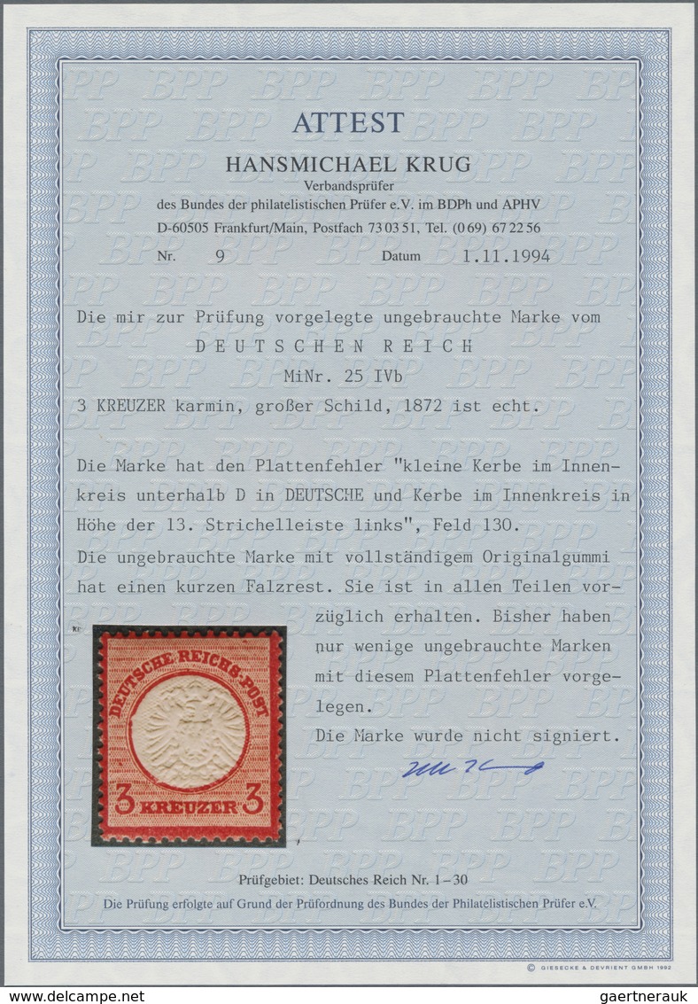 Deutsches Reich - Brustschild: 1872 Großer Schild 3 Kr. Ungebraucht Mit Plattenfehler IV B: Je Klein - Unused Stamps