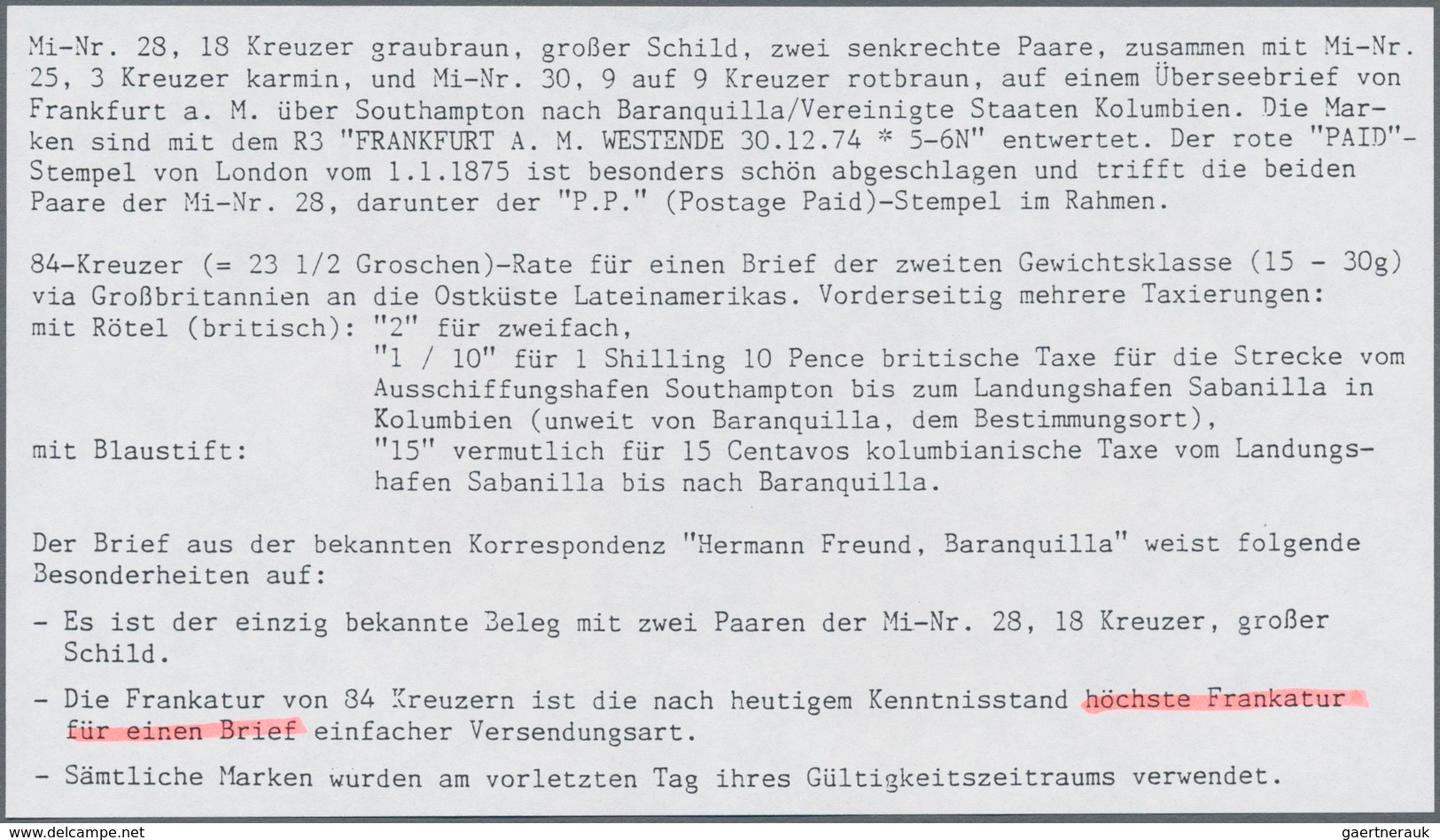 Deutsches Reich - Brustschild: 1874, ÜBERSEE-BRIEF MIT ZWEI PAAREN 18 KREUZER GROSSER SCHILD: Großer