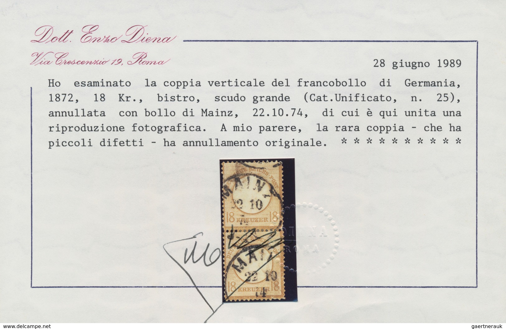 Deutsches Reich - Brustschild: 1872, Großer Schild 18 Kreuzer Im Senkrechten Paar Mit K1 "MAINZ 22 1 - Ungebraucht