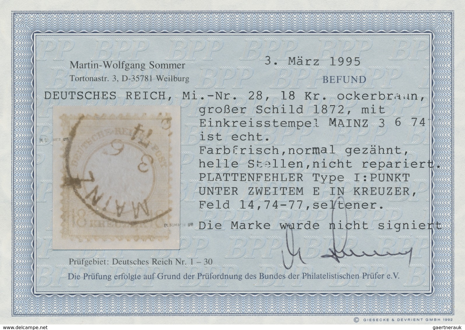 Deutsches Reich - Brustschild: 1872, "18 Kr. Großer Schild Mit PLF I", Farbfrischer Wert Mit Hellen - Ungebraucht