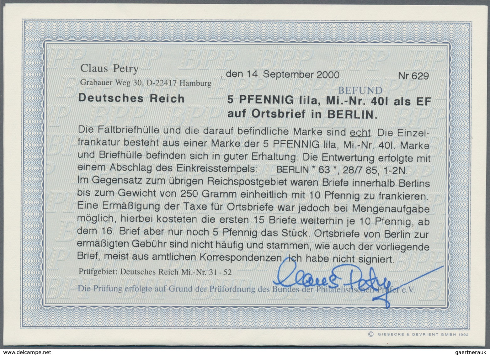 Deutsches Reich - Pfennig: 1885, 5 Pf Lila Als EF Entwertet Mit K1 Auf Ortsbrief Zu Ermäßigter Gebüh - Briefe U. Dokumente