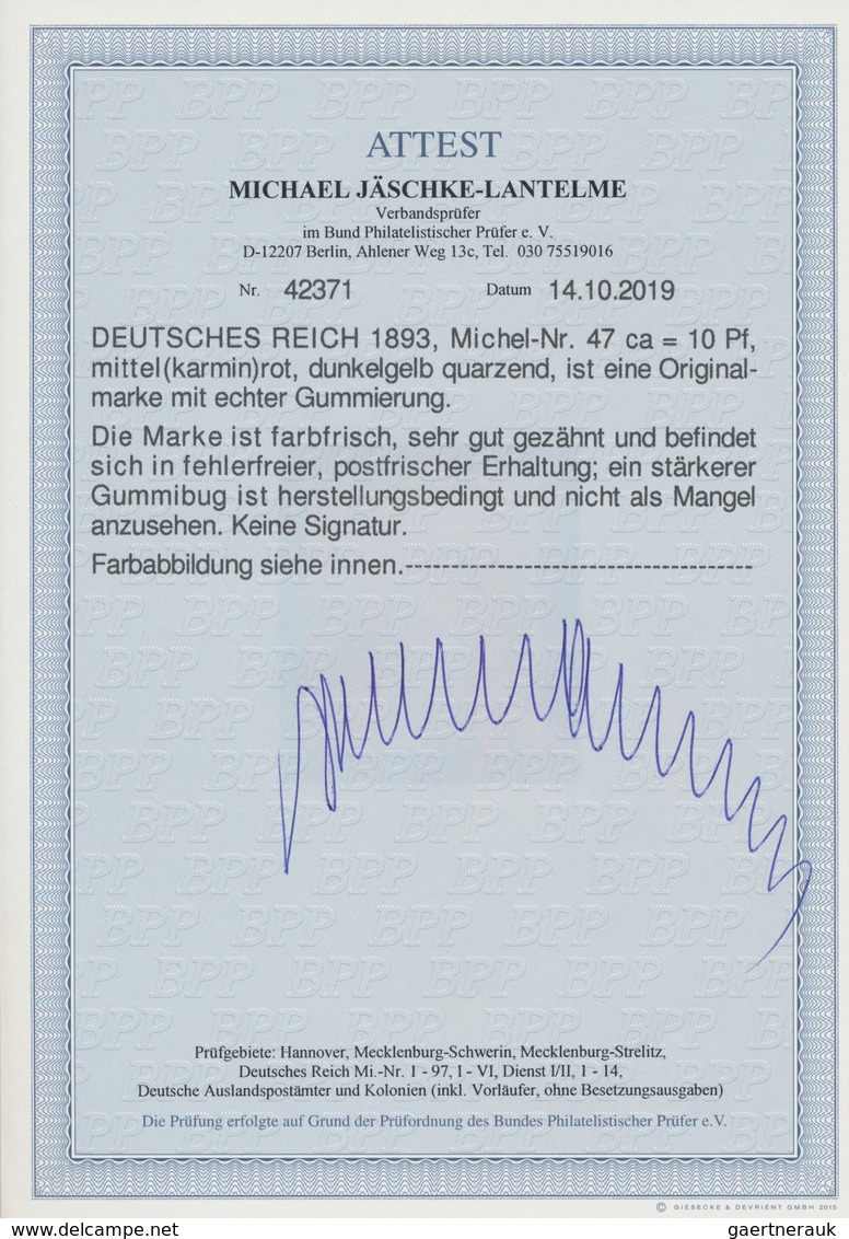 Deutsches Reich - Krone / Adler: 1890, Krone/Adler 10 Pf. Mittel(karmin)rot (UV Dunkelgelb Quarzend) - Brieven En Documenten