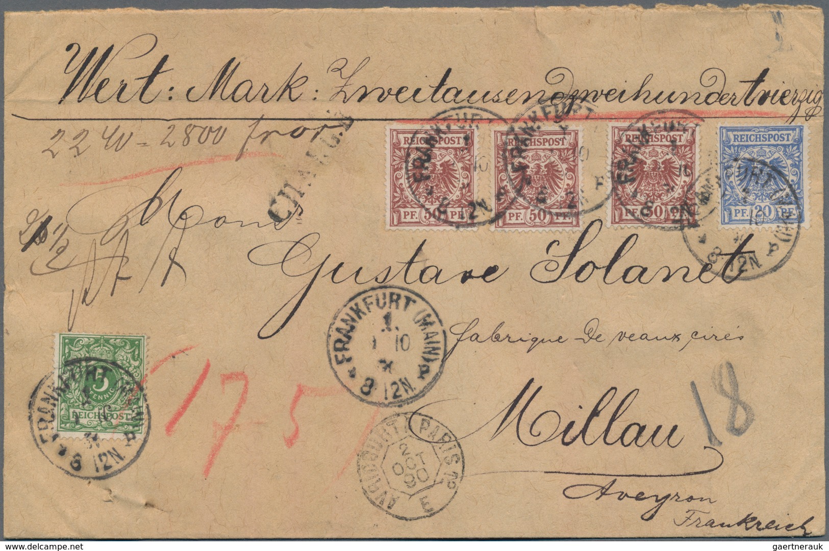 Deutsches Reich - Krone / Adler: 1890, 50 Pfg. Braunrot, 3 Werte Zusammen Mit 5 Pfg. Und 20 Pfg., Po - Covers & Documents