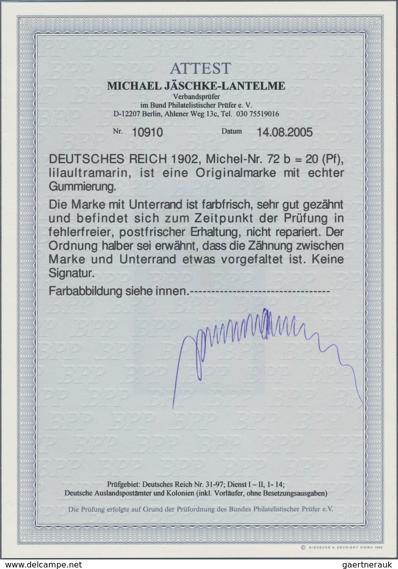 Deutsches Reich - Germania: 1902, Germania 20 Pf Lilaultramarin, Ohne Wasserzeichen, Postfrisches Ex - Unused Stamps