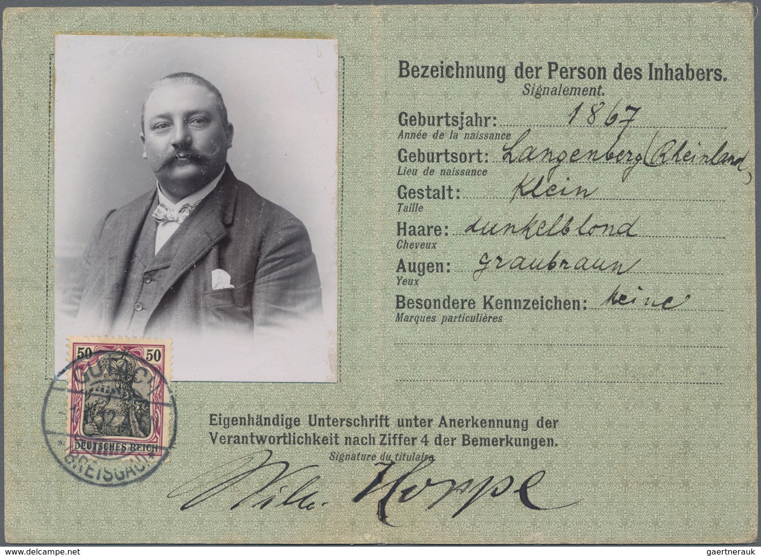 Deutsches Reich - Germania: 1912, POSTAUSWEISKARTE Mit Lichtbild Frankiert Mit 50 Pf Germania Mit St - Ongebruikt