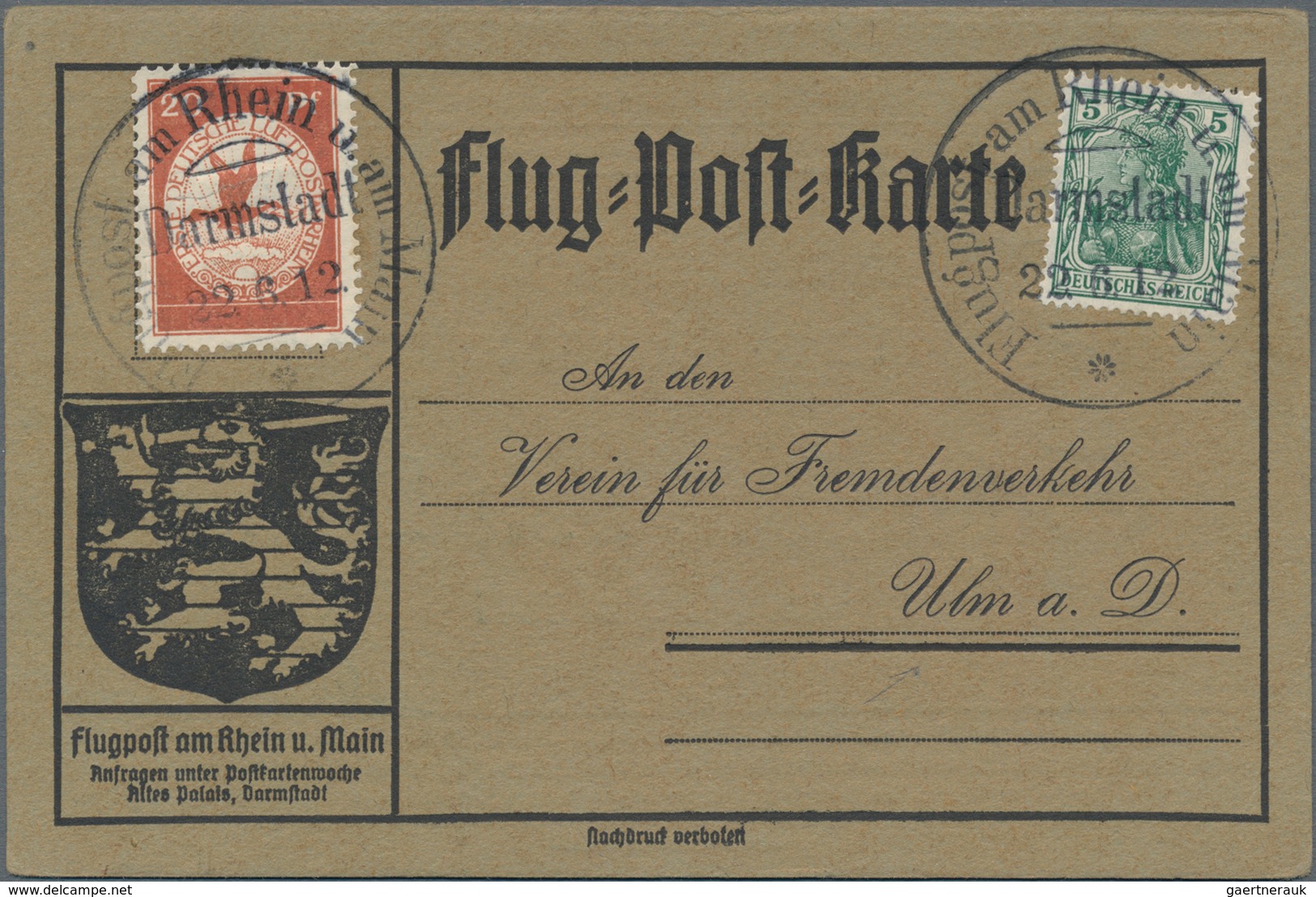 Deutsches Reich - Germania: 1912, Sonderpostkarte Der Flugpost Am Rhein Und Main Mit Luftpost Von Da - Ongebruikt