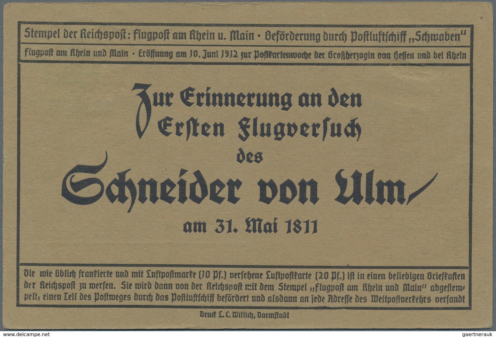 Deutsches Reich - Germania: 1912, Sonderpostkarte Der Flugpost Am Rhein Und Main Mit Luftpost Von Da - Ongebruikt