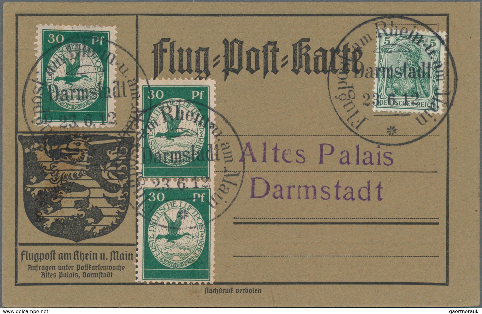 Deutsches Reich - Germania: 1912, Sonderpostkarte Der Flugpost Am Rhein Und Main Mit Luftpost An Das - Ungebraucht