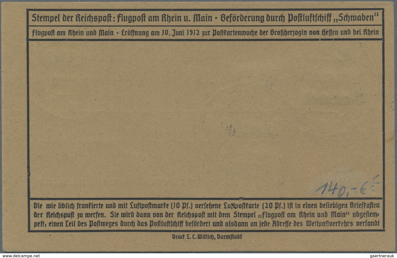 Deutsches Reich - Germania: 1912, Sonderpostkarte Der Flugpost Am Rhein Und Main Mit Luftpost An Das - Ongebruikt