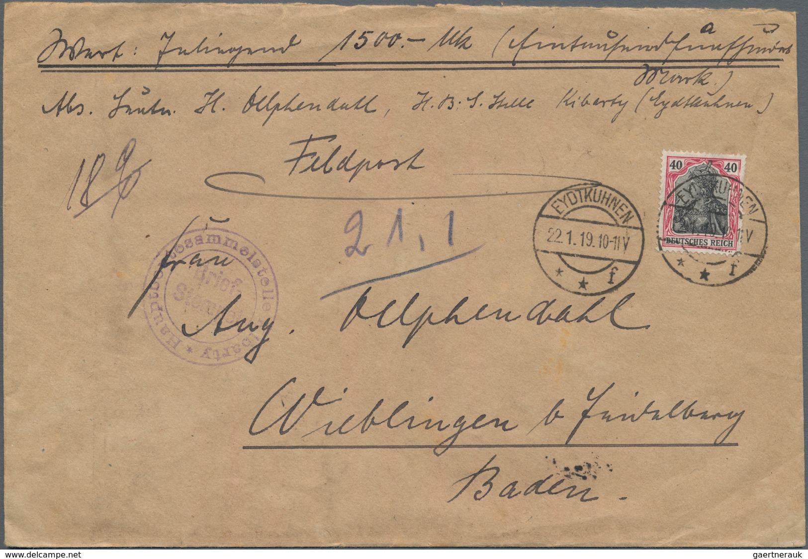 Deutsches Reich - Germania: 1919, "HAUPTBEUTESAMMELSTELLE" Briefstempel Auf Feldpost-Wertbrief Von E - Unused Stamps