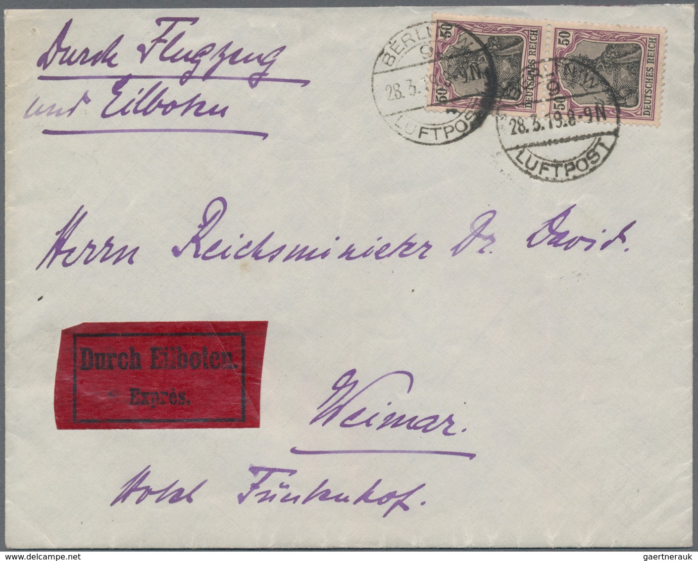 Deutsches Reich - Germania: 1915, Germania 50 Pfg. Als Senkr. Paar Auf Flugpost Eilbrief Aus Berlin, - Ungebraucht