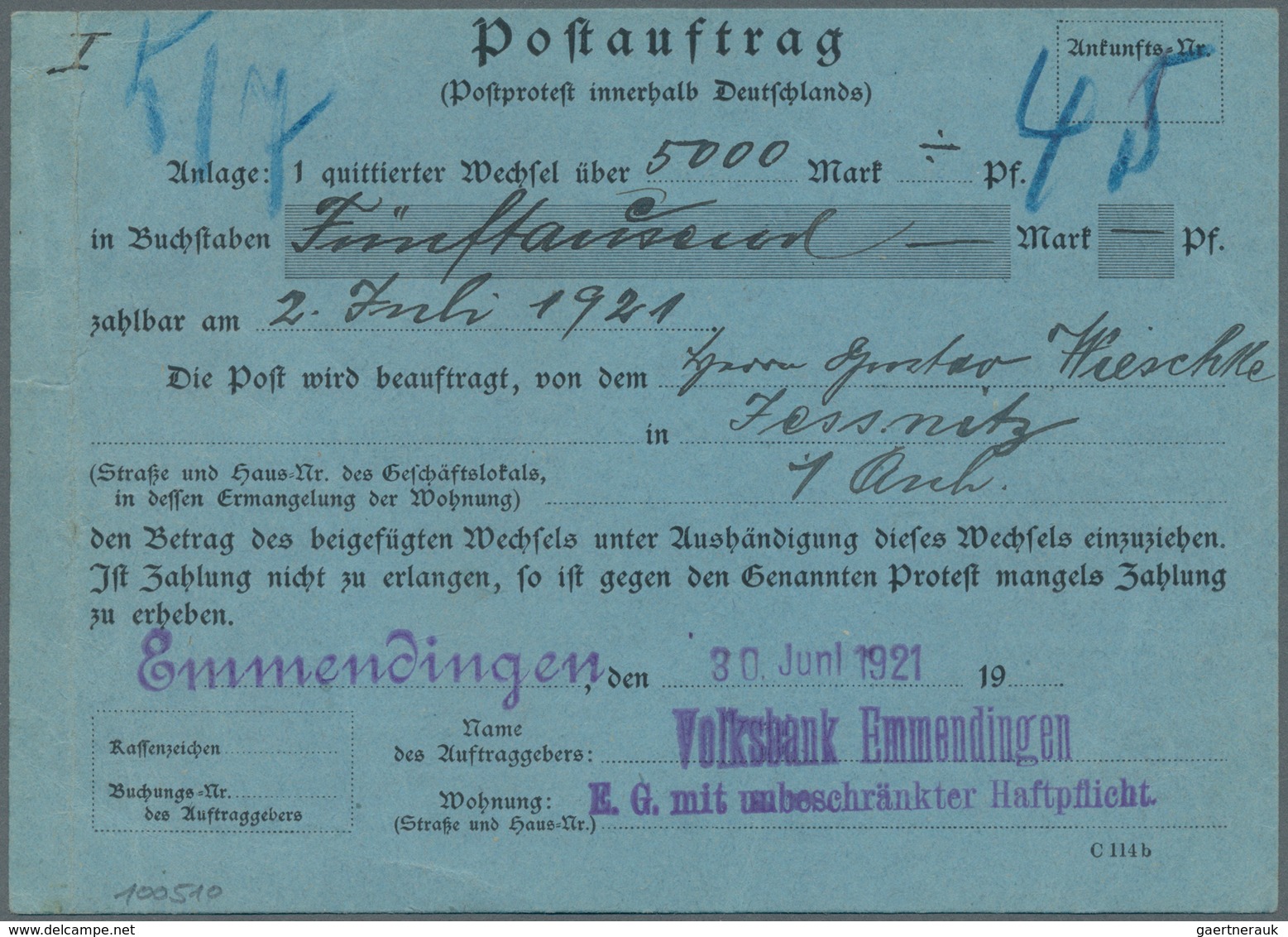 Deutsches Reich - Germania: 1921. 30.6., Postformular "Postauftrag / (Postprotest Innerhalb Deutschl - Ungebraucht
