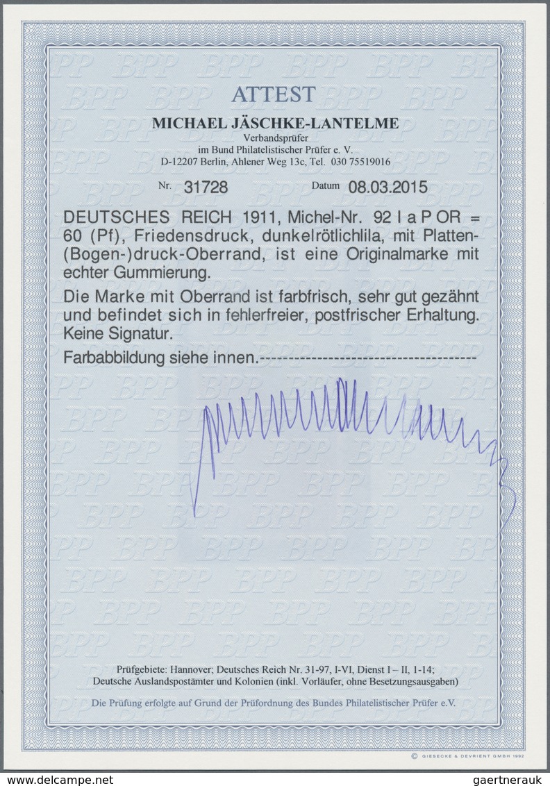 Deutsches Reich - Germania: 1911, 60 Pfg. Germania Friedensdruck Dunkelrötlichlila Vom Plattendruck- - Ungebraucht