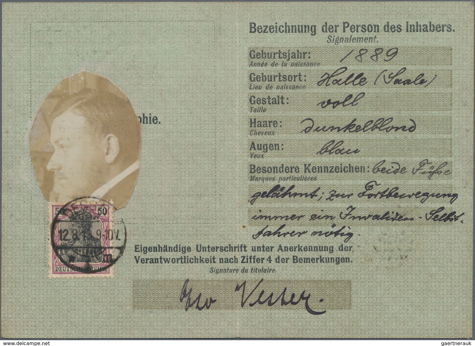 Deutsches Reich - Germania: 1918, POSTAUSWEISKARTE Mit Lichtbild Frankiert Mit 50 Pf Germania Mit St - Unused Stamps