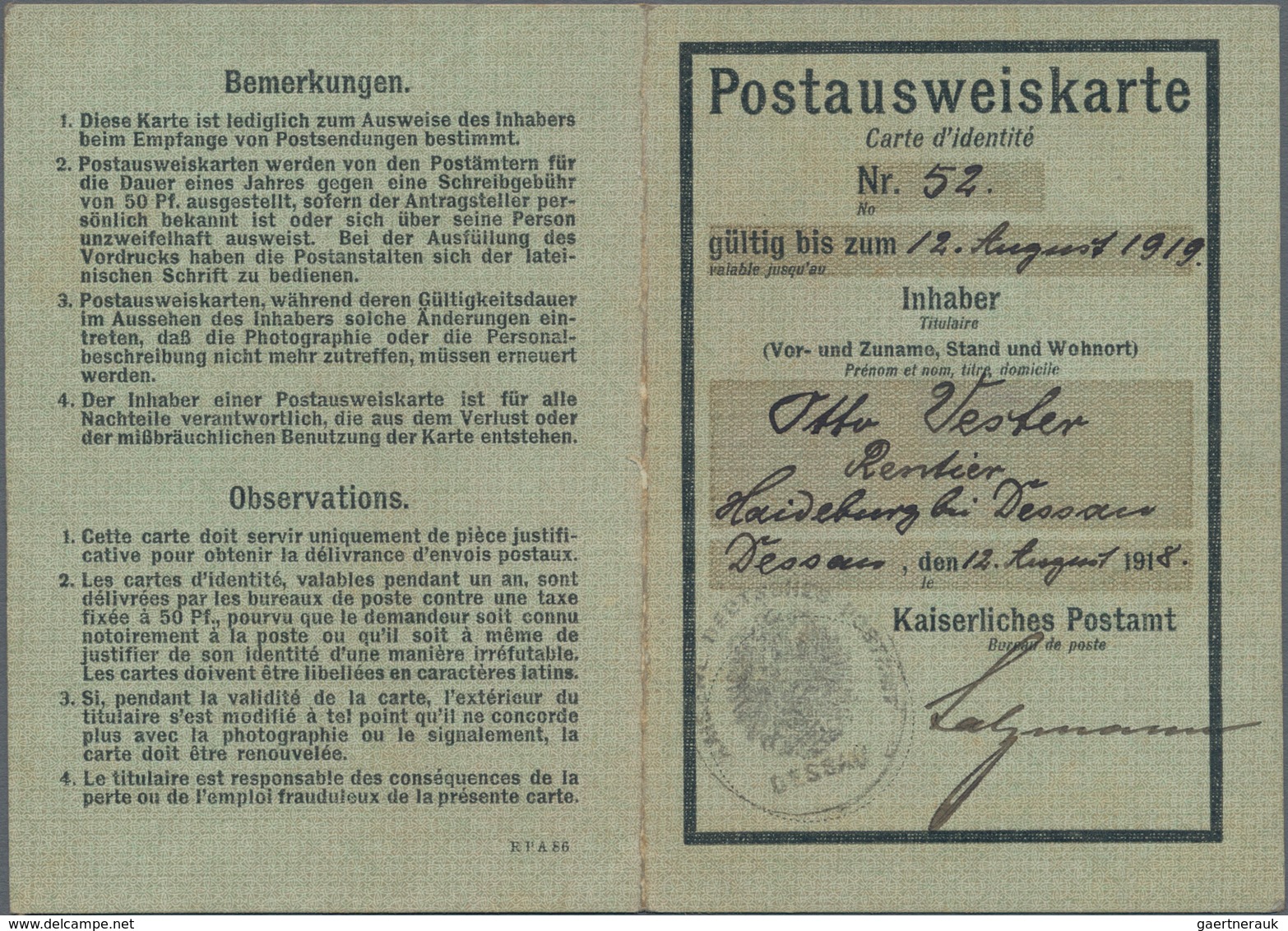 Deutsches Reich - Germania: 1918, POSTAUSWEISKARTE Mit Lichtbild Frankiert Mit 50 Pf Germania Mit St - Ungebraucht