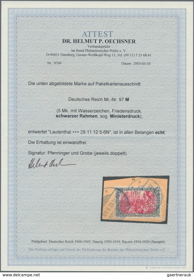 Deutsches Reich - Germania: 1906, Freimarke 5 M Schwarz/rot, Sogenannter Ministerdruck Auf Briefstüc - Unused Stamps