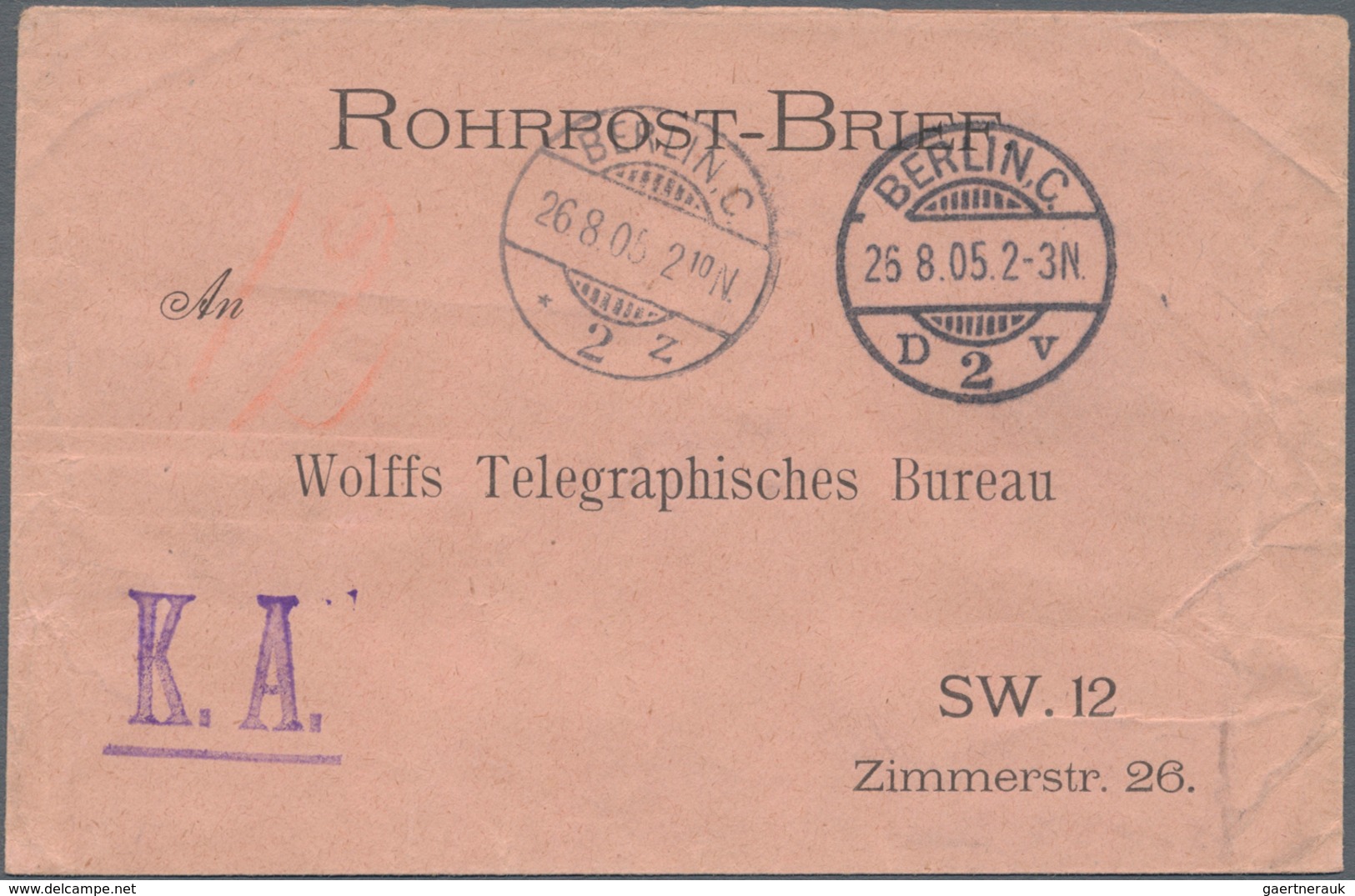 Deutsches Reich - Germania: 1905. Vordruck-Rohrpostbrief "Wolffs Telegraphisches Bureau" Mit Rs. Bla - Ungebraucht