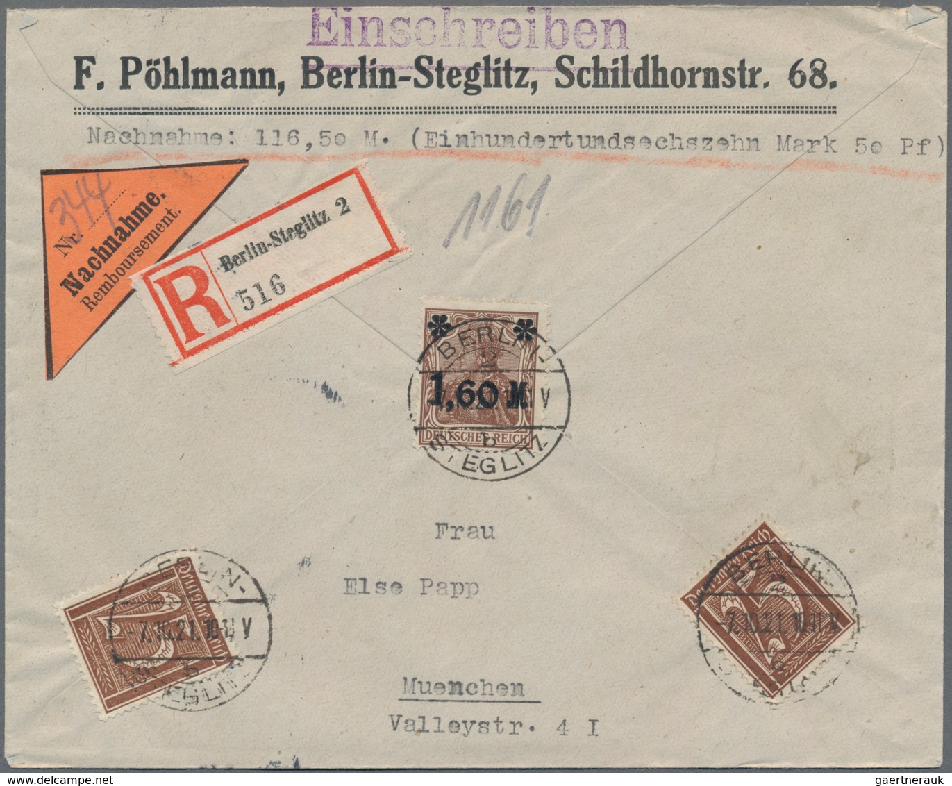 Deutsches Reich - Inflation: 1921, 1,60 M Dkl'braun MiF Mit 2x 25 Pf Ziffern Auf R-NN-Brief Von Berl - Covers & Documents