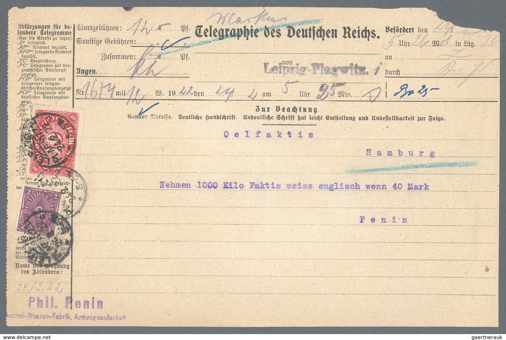 Deutsches Reich - Inflation: 1922, Telegramm Freigemacht Mit 10 M Und 2 M Ziffern, Aus Leipzig-Plagw - Briefe U. Dokumente