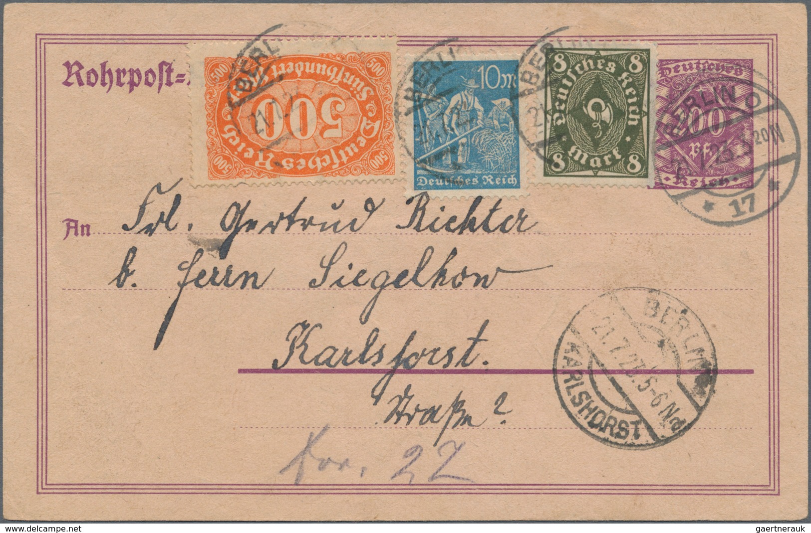 Deutsches Reich - Inflation: 1923. Rohrpost-GA 200 Pf Ziffer In Raute Mit Zfr. Total 518 M Mit Berli - Covers & Documents