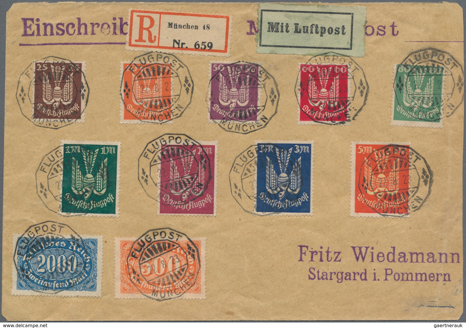 Deutsches Reich - Inflation: 1923, Einschreiben Mit Flugpost Von München Flugpost Nach Stargard/Pomm - Covers & Documents