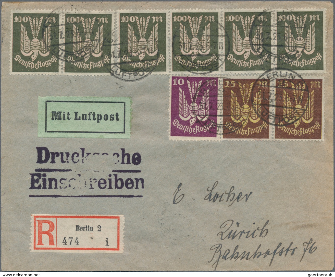 Deutsches Reich - Inflation: 1923, Einschreibdrucksache Als Luftpost Von Berlin Nach Zürich, Rücksei - Briefe U. Dokumente