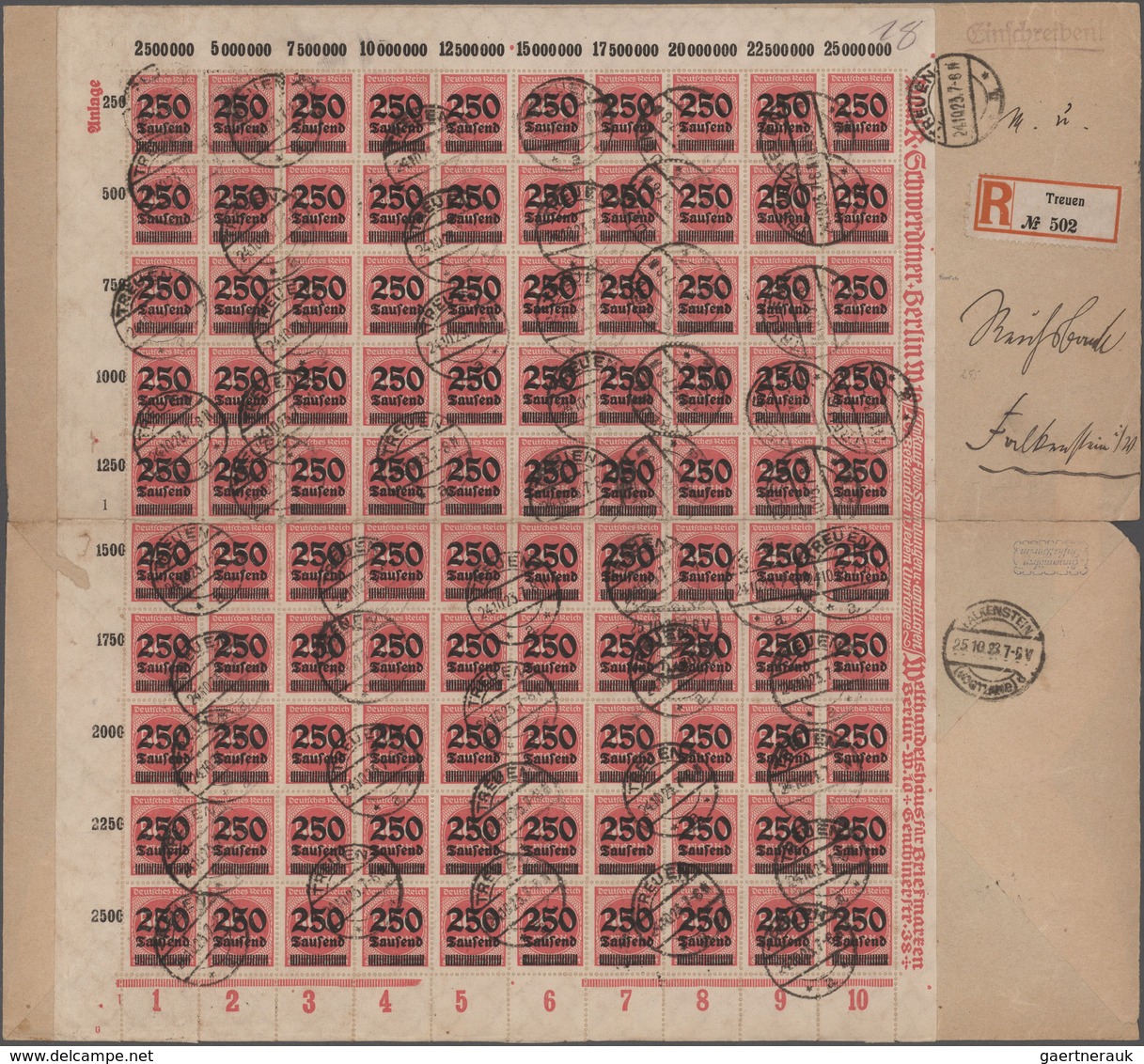 Deutsches Reich - Inflation: 1923, 250 Tsd Auf 500 M Hellilarot, Kompletter Bogen Im Plattendruck, O - Covers & Documents