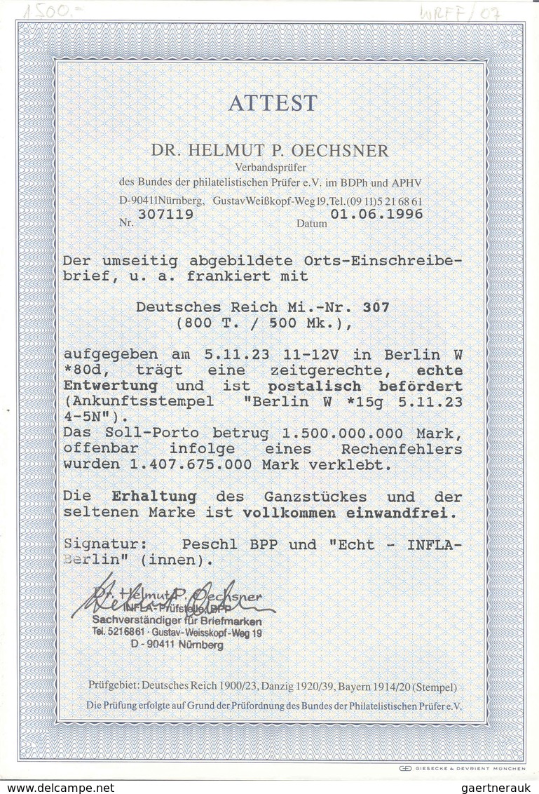 Deutsches Reich - Inflation: 1923, Orts-Brief Per Einschreiben, Mit MiF 800 T./500 Mk. Gelblichgrün - Briefe U. Dokumente