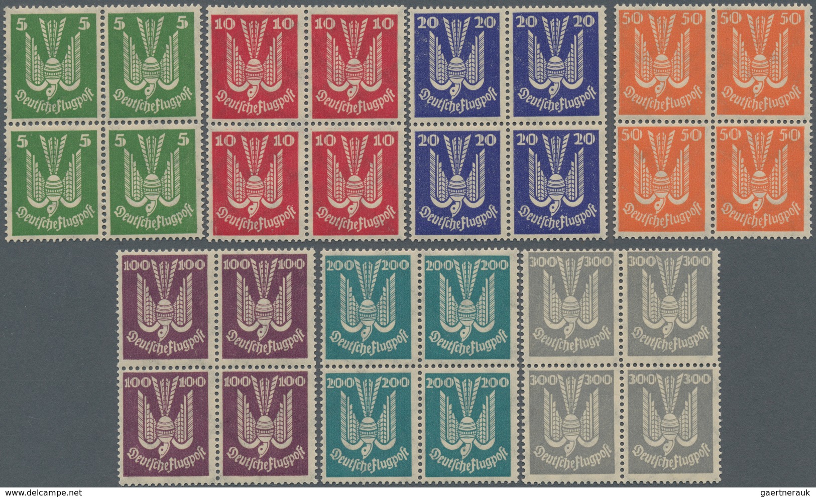 Deutsches Reich - Weimar: 1924, Flugpost Holztaube 5 Pfg.-300 Pfg., Kompletter Satz In 4er-Blocks, P - Other & Unclassified