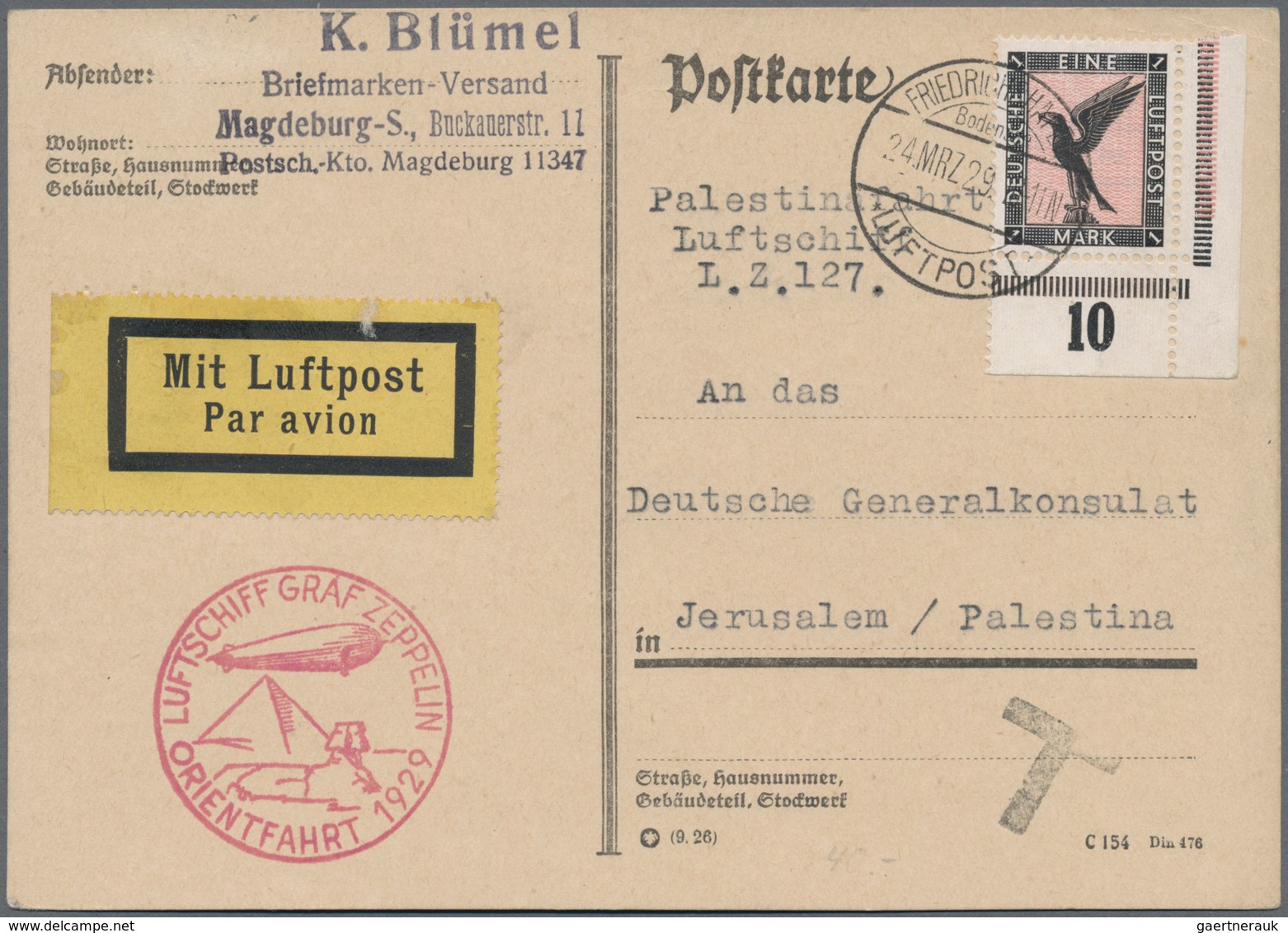 Deutsches Reich - Weimar: 1929, Orientfahrt Mit Eckrandstück 1 RM Adler, Bordpost Vom 24.3.29 Nach J - Other & Unclassified