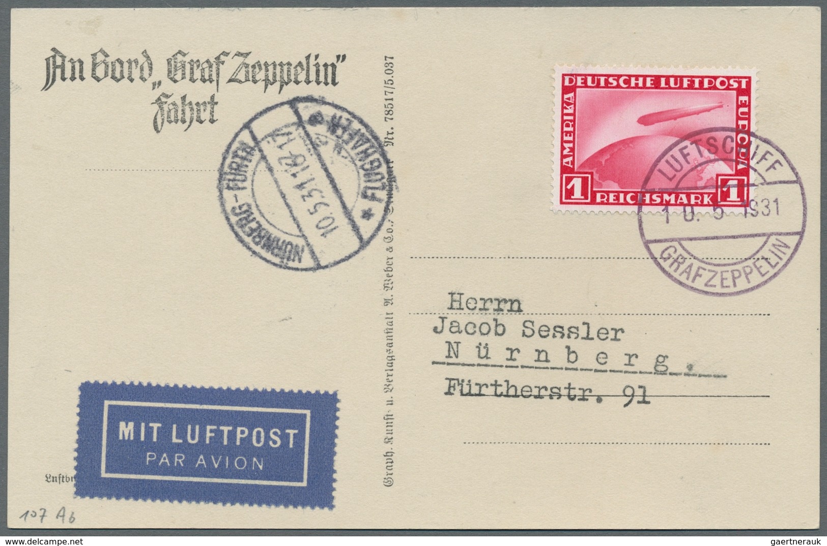 Deutsches Reich - Weimar: 1931, "1 RM Zeppelin" Auf Bordpost-AK Zur Fahrt Nach Nürnberg (Si. 107 Ab) - Other & Unclassified