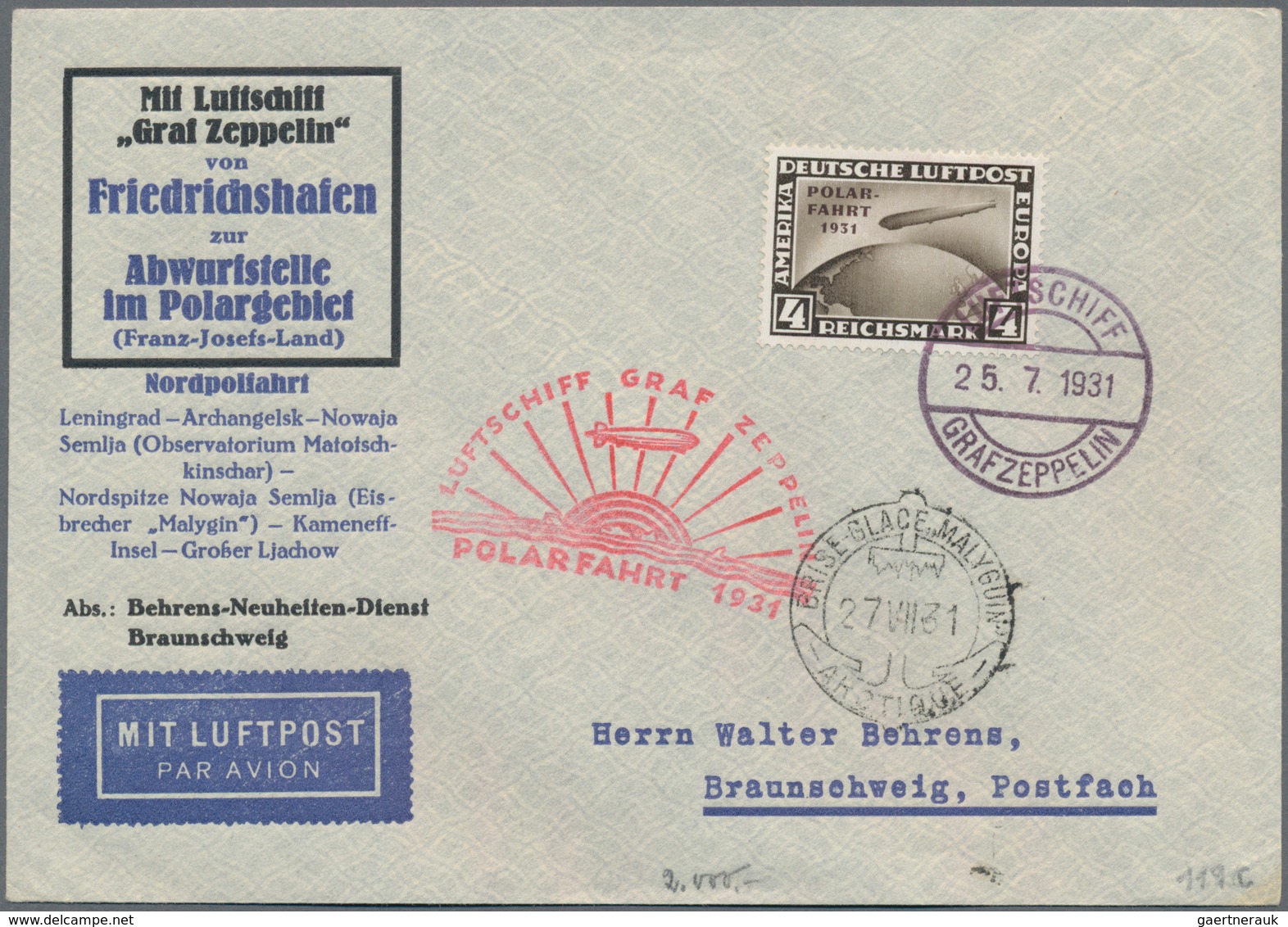Deutsches Reich - Weimar: 1931, Polarfahrt 4 RM, Einzelfrankatur Auf Zeppelin-Brief Zur Polarfahrt 1 - Other & Unclassified