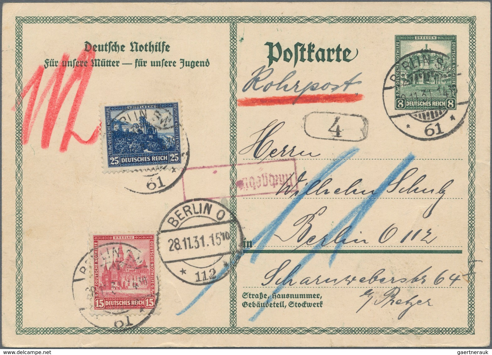 Deutsches Reich - Weimar: 1931, 8 Pf Grün Ganzsachenkarte Mit Zusatzfrankatur Als ROHRPOSTKARTE Mit - Other & Unclassified