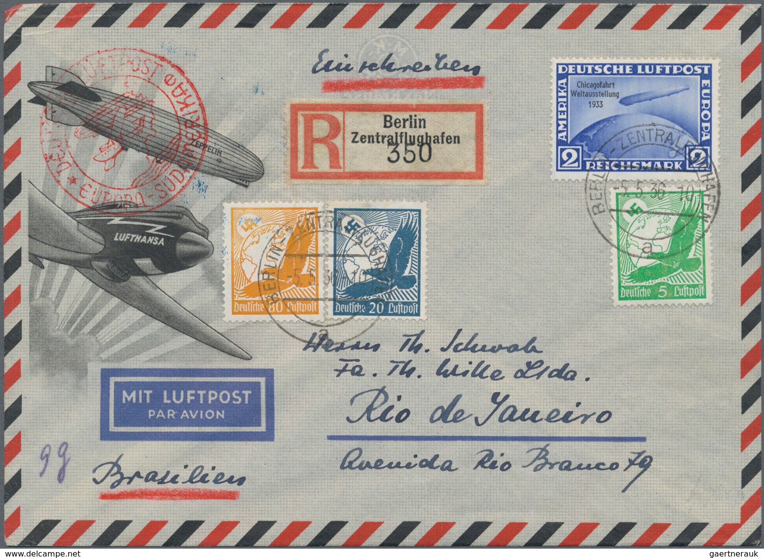 Deutsches Reich - 3. Reich: 1933 - 1934, 2 RM Chicago-Fahrt Und Zusatzfrankatur 3 Werte Flugpostmark - Brieven En Documenten