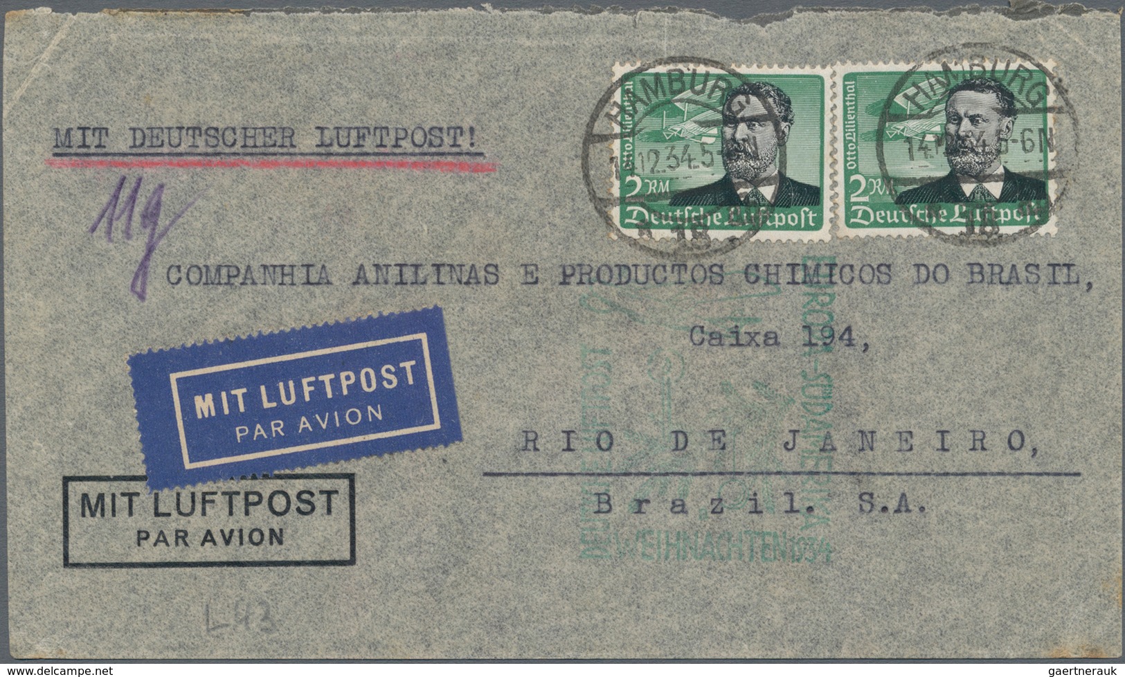 Deutsches Reich - 3. Reich: 1933 - 1934, 2 RM Chicago-Fahrt Und Zusatzfrankatur 3 Werte Flugpostmark - Covers & Documents