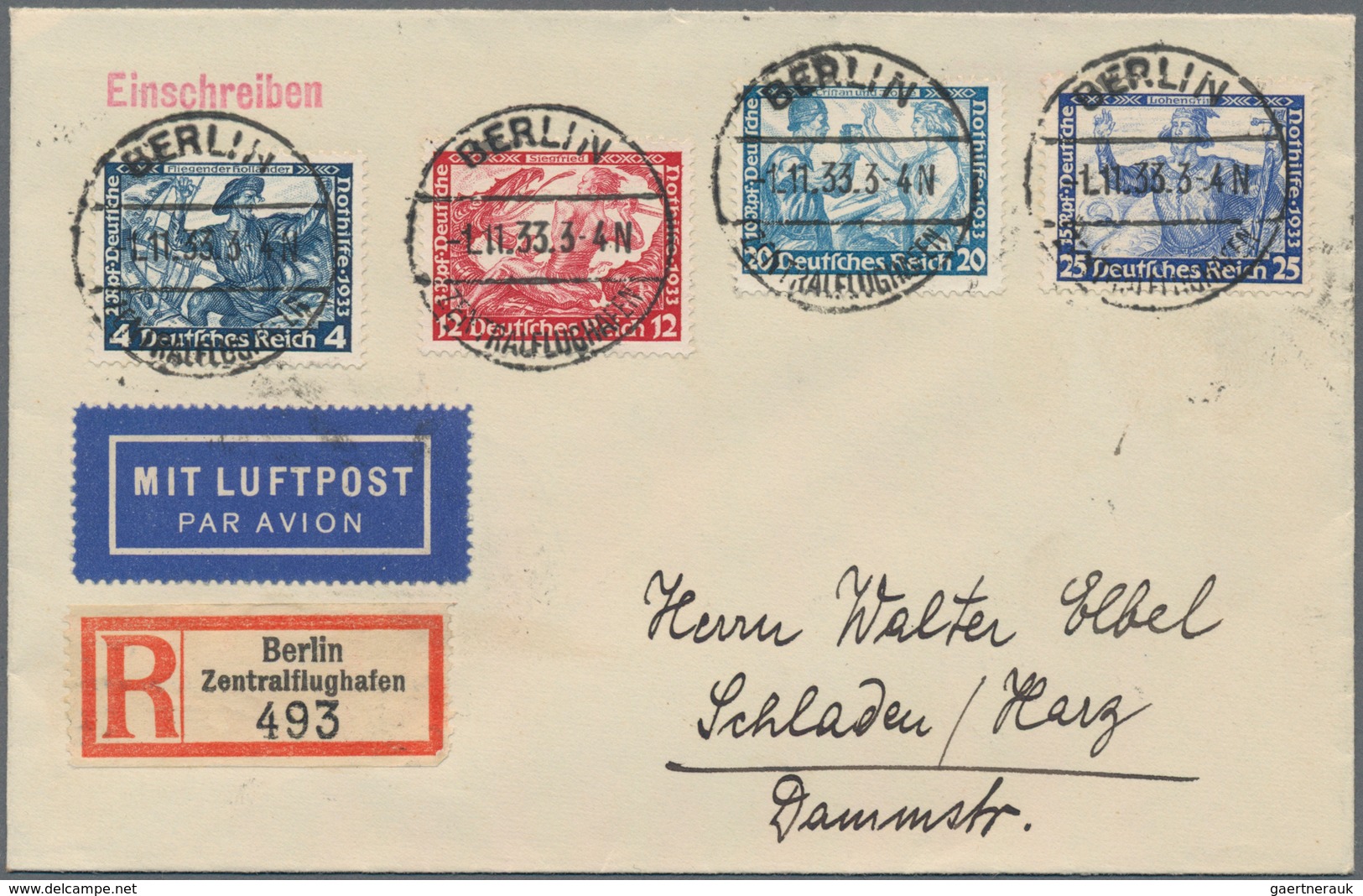 Deutsches Reich - 3. Reich: 1933, Deutsche Nothilfe: Wagner, 9 Werte Auf Zwei Luftpost-R-FDC Von Ber - Covers & Documents