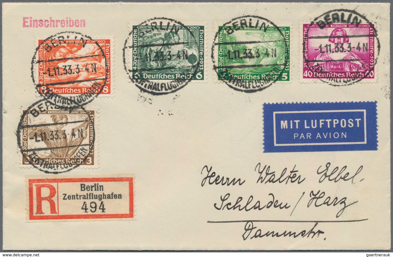 Deutsches Reich - 3. Reich: 1933, Deutsche Nothilfe: Wagner, 9 Werte Auf Zwei Luftpost-R-FDC Von Ber - Brieven En Documenten