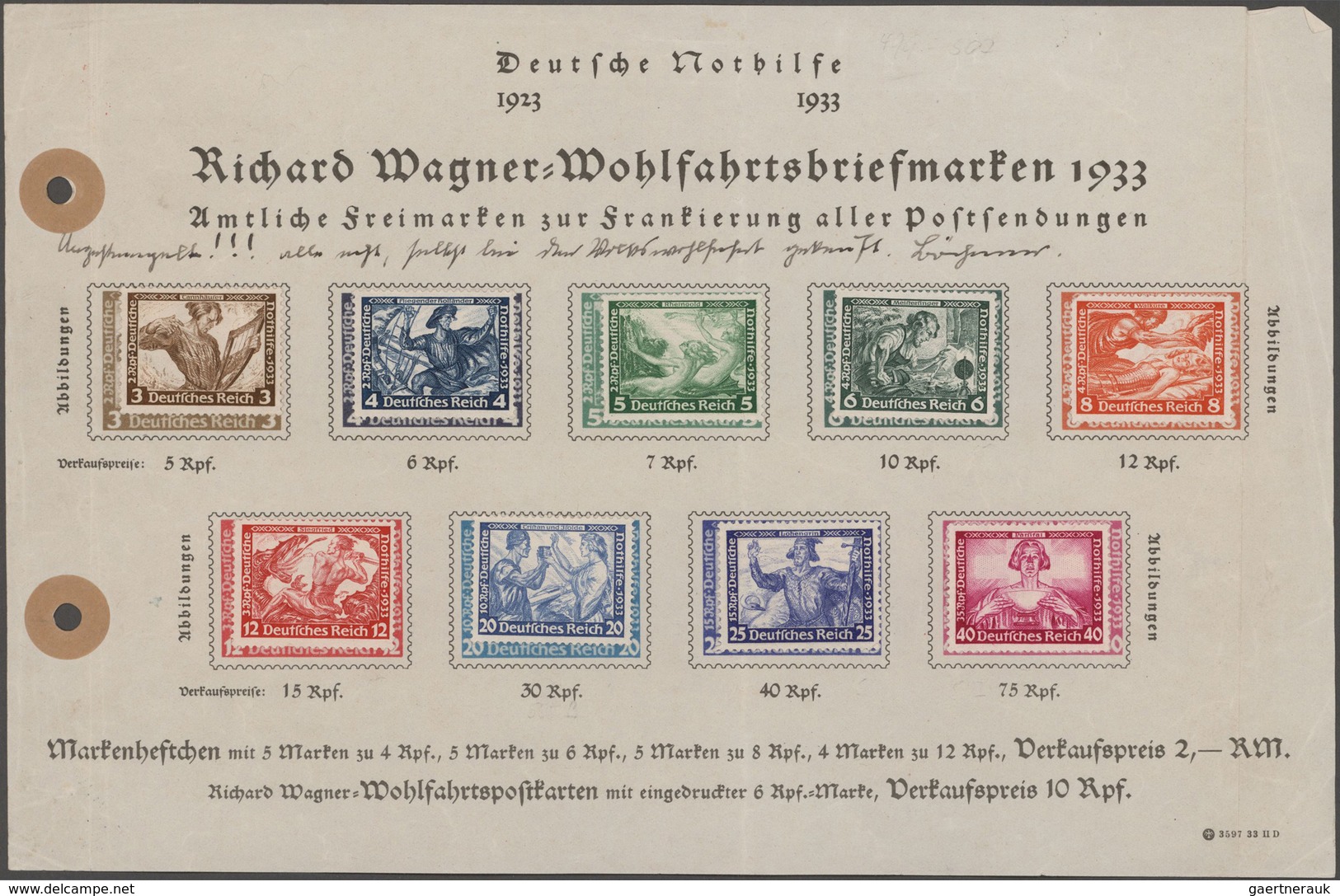 Deutsches Reich - 3. Reich: 1933, Wagner, Komplette Serie Aufgeklebt Auf Entsprechendem Ankündigungs - Covers & Documents