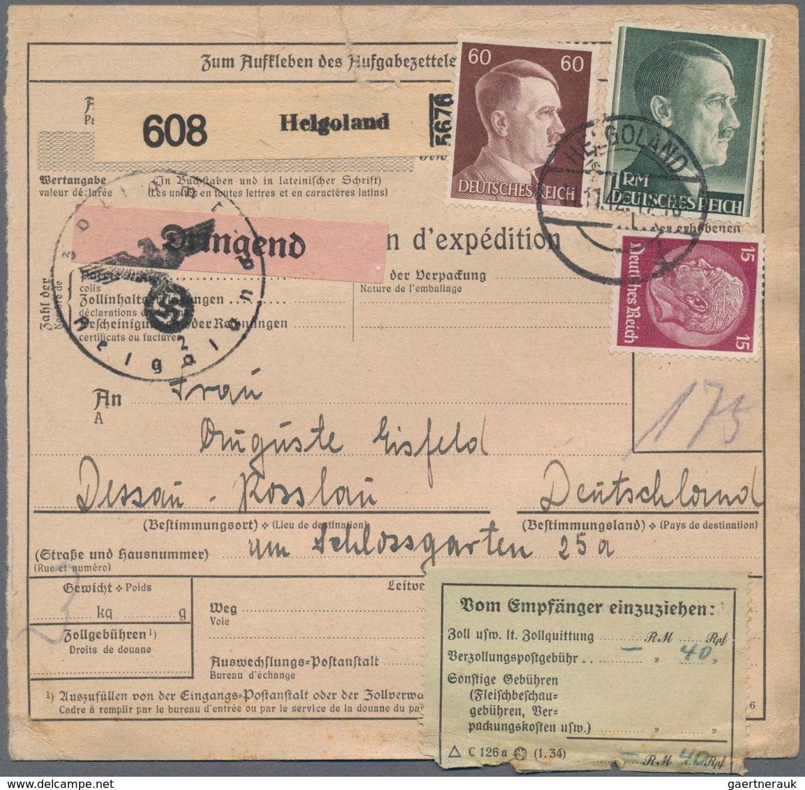 Deutsches Reich - 3. Reich: 1942, 15 Pf Hindenburg, 60 Pf Und 1 RM Hitler, MiF Auf Zweisprachigem Pa - Briefe U. Dokumente