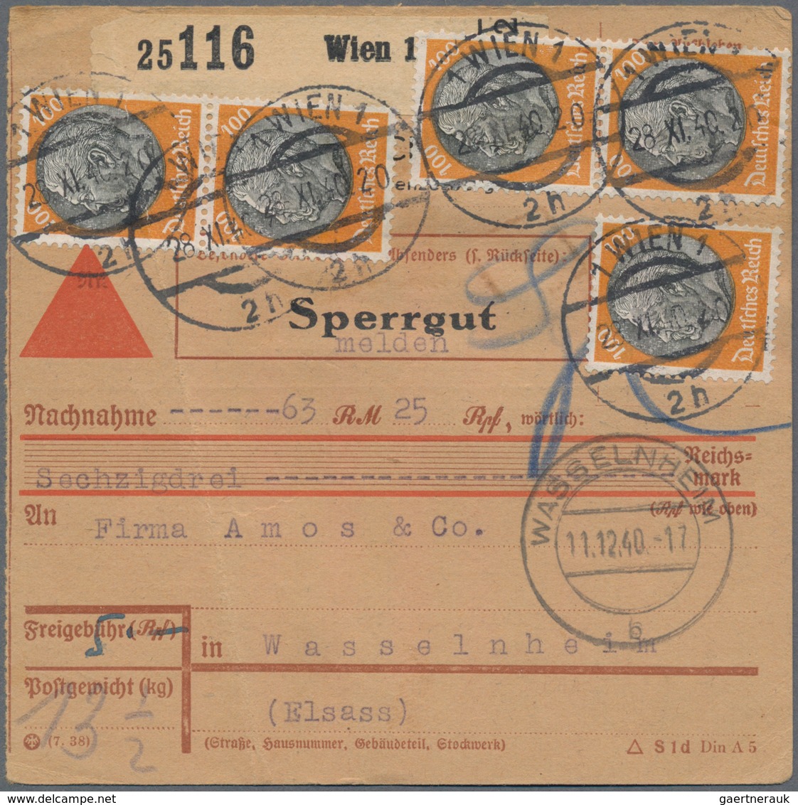 Deutsches Reich - 3. Reich: 1940, 100 Pf Hindenburg, 5 Stück Als Mehrfachfrankatur Auf Nachnahme-Pak - Briefe U. Dokumente