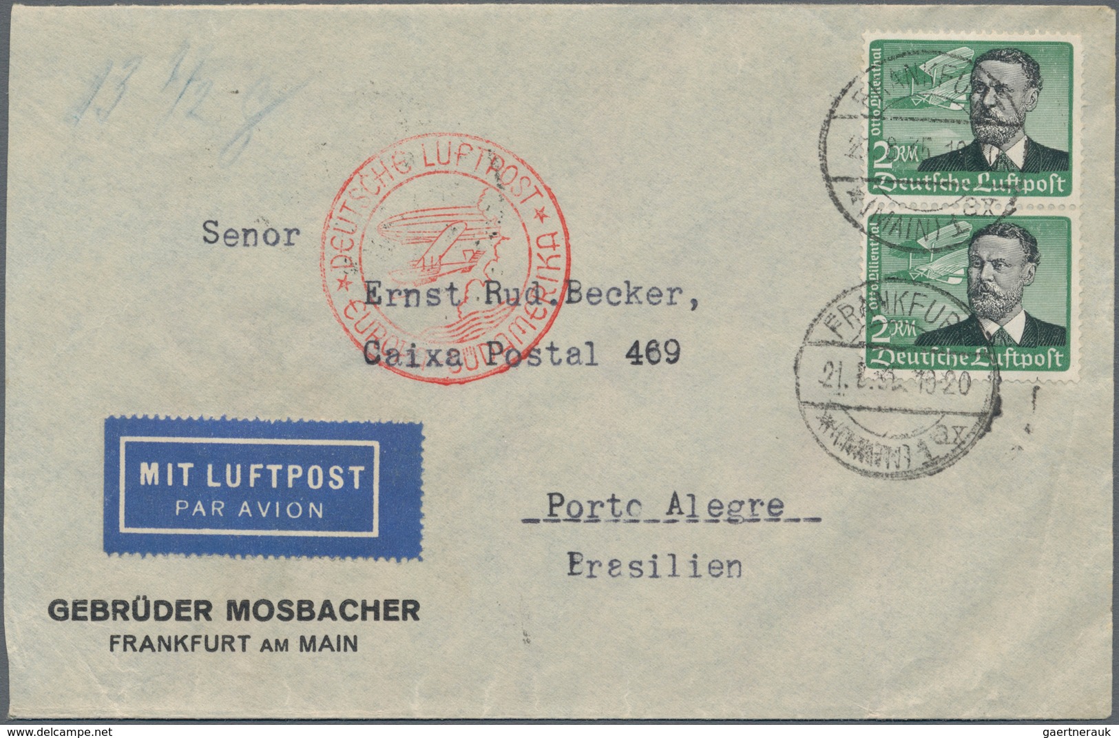 Deutsches Reich - 3. Reich: 1934, 2 RM Lilienthal, Senkr. Paar Als Portogerechte Mehrfachfrankatur A - Briefe U. Dokumente