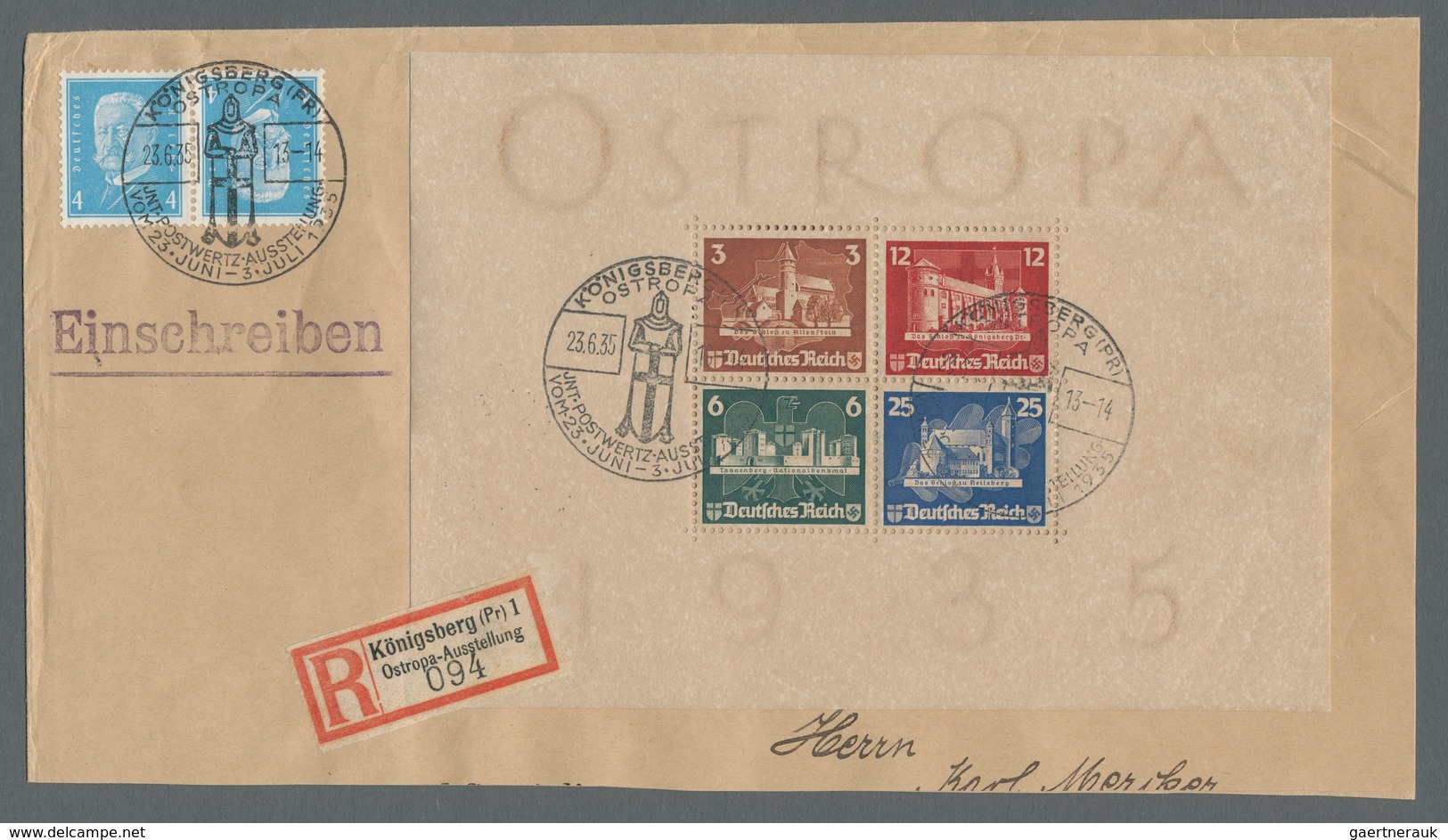 Deutsches Reich - 3. Reich: 1935, "OSTROPA"-Block Mit Zweimal ESST Auf Beschnittenem R-FDC Mit Zusat - Covers & Documents