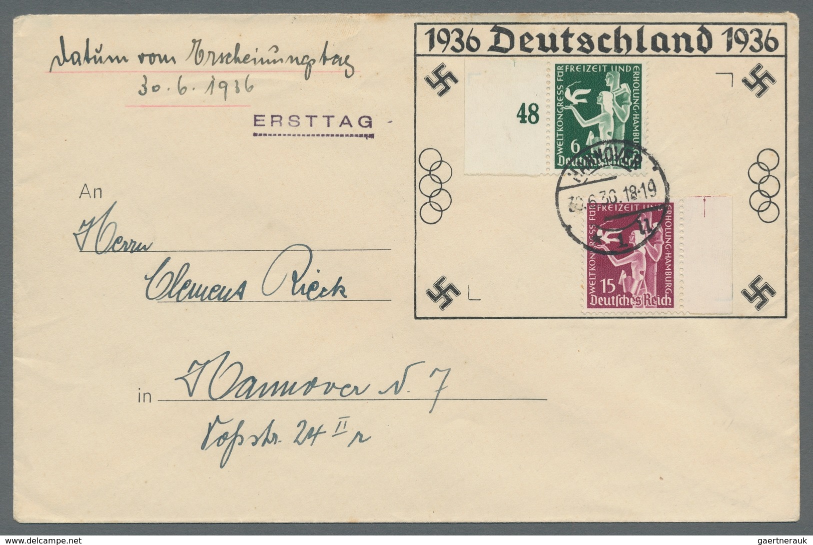 Deutsches Reich - 3. Reich: 1936, "Freizeitkongress", Zwei Randwerte Auf Privat Gestaltetem Umschlag - Briefe U. Dokumente