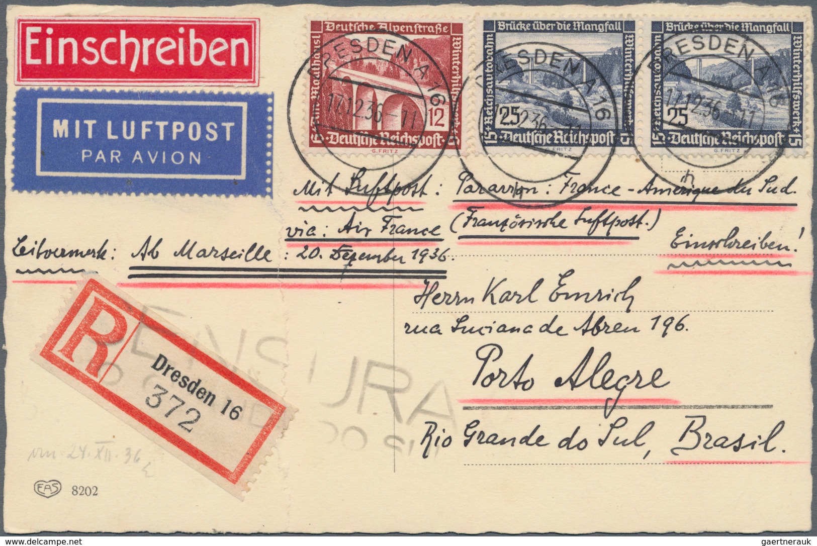 Deutsches Reich - 3. Reich: 1936, 12 + 6 Pf Und 25 + 15 Pf (2) Winterhilfswerk Auf R-Zensur-Flugpost - Covers & Documents