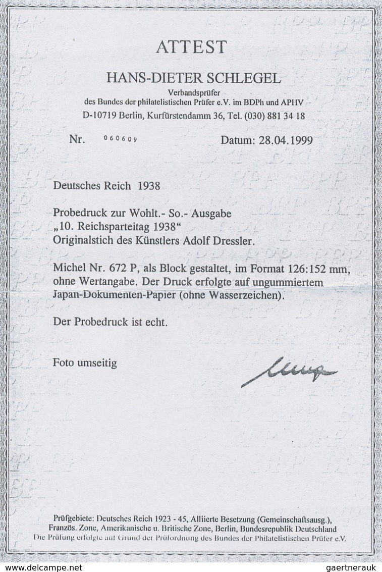 Deutsches Reich - 3. Reich: 1938, Enorm Seltener Probedruck Zur Wohltätigkeitsausgabe "10. Reichspar - Covers & Documents