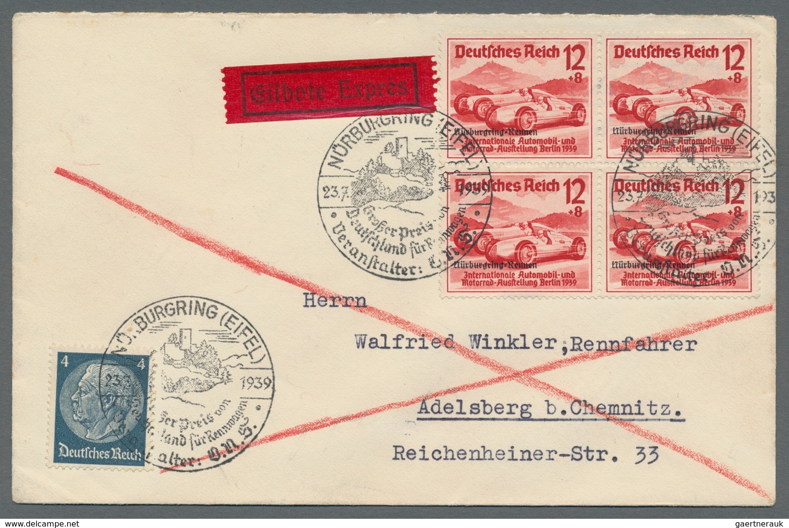 Deutsches Reich - 3. Reich: 1939, "Nürburgring-Rennen", Je Wert Als Viererblock Mit Zusatzfrankatur - Briefe U. Dokumente