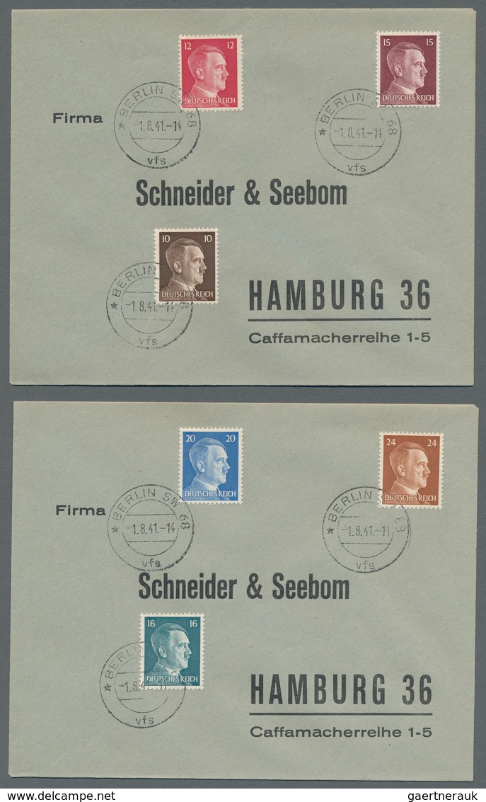 Deutsches Reich - 3. Reich: 1941-42, "1 Pfg. bis 5 RM Hitler", komplette Serie auf sechs Ersttagsbri